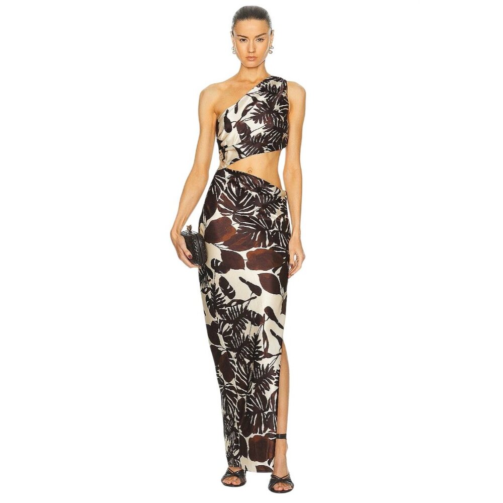 NICHOLAS Raya One Shoulder Asymmetrical Gown in Dark Chocolate Segovia Print 2